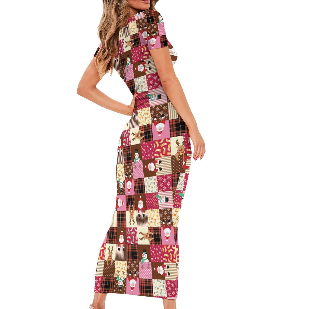 Christmas Patchwork Fake Tuxedo Family Matching Short Sleeve Bodycon Dress and Hawaiian Shirt Santa and Reindeer Pink Plaid Style - Wonder Print Shop