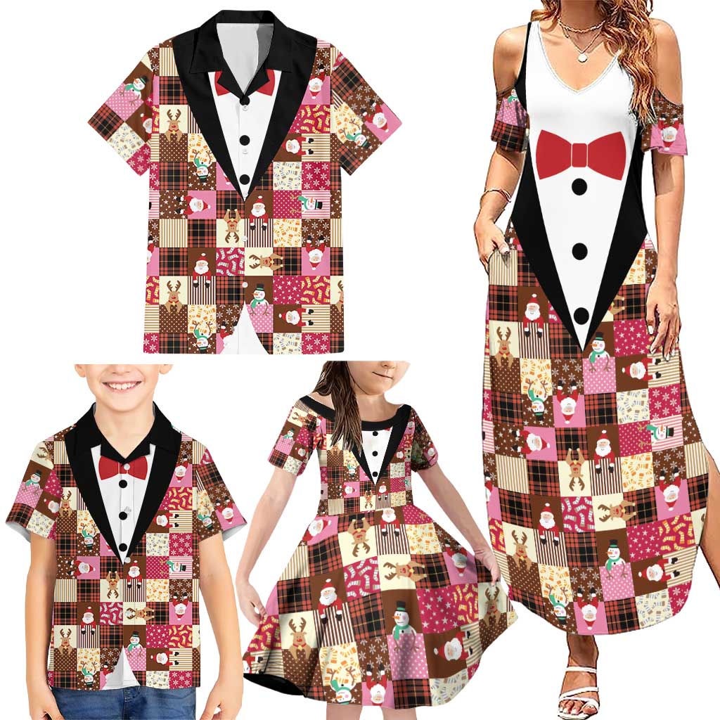 Christmas Patchwork Fake Tuxedo Family Matching Summer Maxi Dress and Hawaiian Shirt Santa and Reindeer Pink Plaid Style - Wonder Print Shop