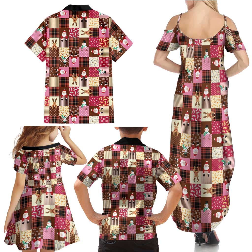 Christmas Patchwork Fake Tuxedo Family Matching Summer Maxi Dress and Hawaiian Shirt Santa and Reindeer Pink Plaid Style - Wonder Print Shop