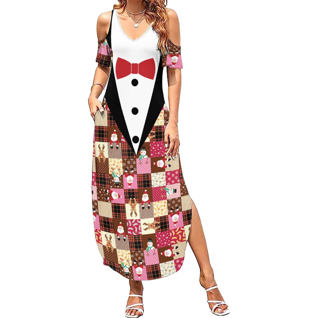 Christmas Patchwork Fake Tuxedo Family Matching Summer Maxi Dress and Hawaiian Shirt Santa and Reindeer Pink Plaid Style - Wonder Print Shop