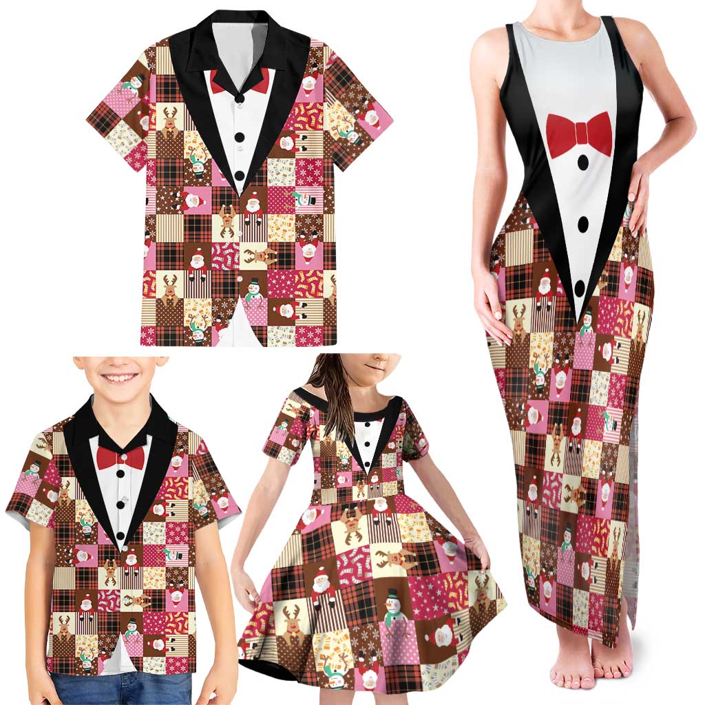 Christmas Patchwork Fake Tuxedo Family Matching Tank Maxi Dress and Hawaiian Shirt Santa and Reindeer Pink Plaid Style - Wonder Print Shop