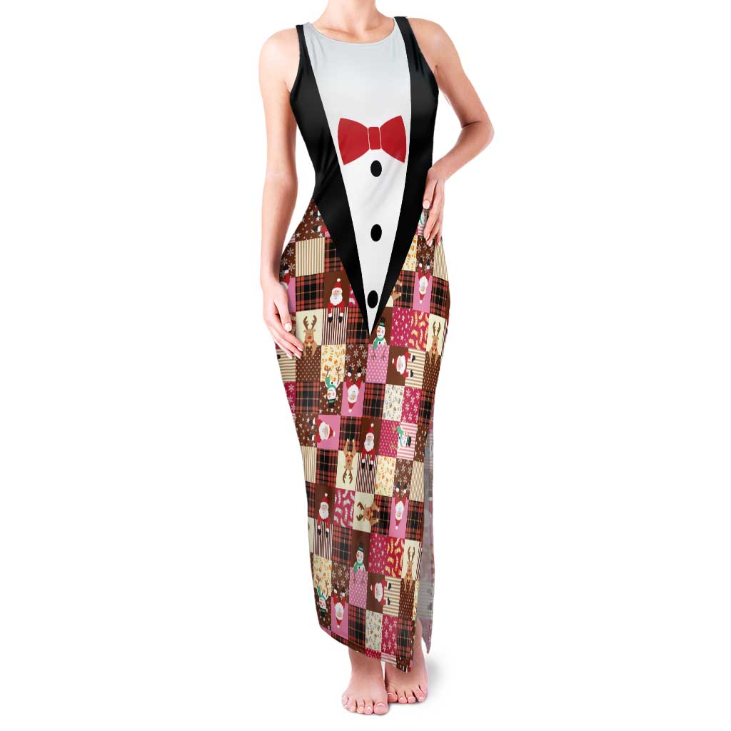 Christmas Patchwork Fake Tuxedo Family Matching Tank Maxi Dress and Hawaiian Shirt Santa and Reindeer Pink Plaid Style - Wonder Print Shop