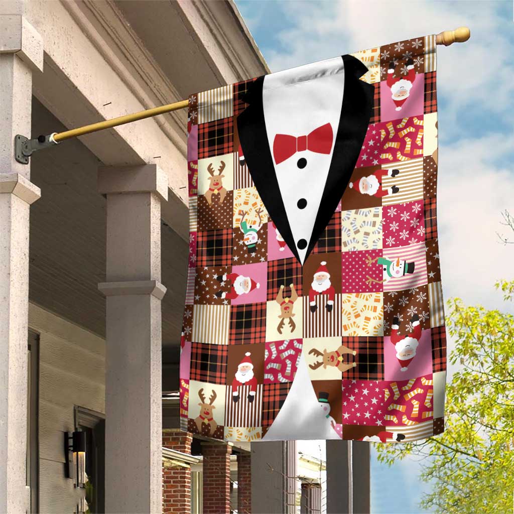 Christmas Patchwork Fake Tuxedo Garden Flag Santa and Reindeer Pink Plaid Style - Wonder Print Shop