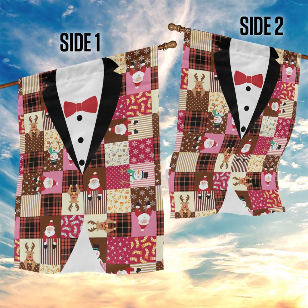 Christmas Patchwork Fake Tuxedo Garden Flag Santa and Reindeer Pink Plaid Style - Wonder Print Shop