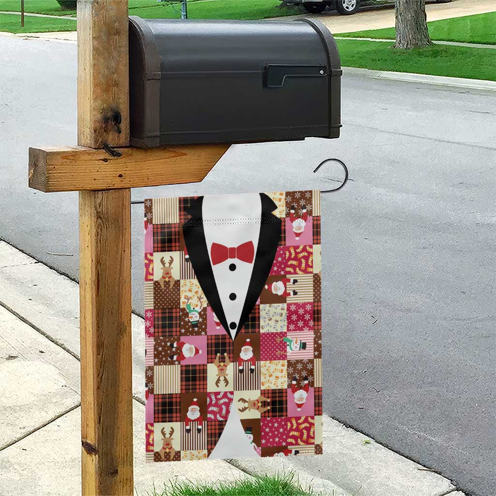 Christmas Patchwork Fake Tuxedo Garden Flag Santa and Reindeer Pink Plaid Style - Wonder Print Shop