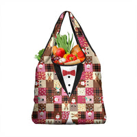 Christmas Patchwork Fake Tuxedo Grocery Bag Santa and Reindeer Pink Plaid Style - Wonder Print Shop