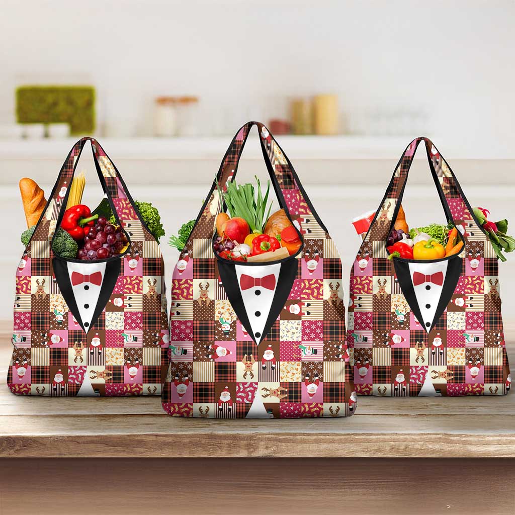 Christmas Patchwork Fake Tuxedo Grocery Bag Santa and Reindeer Pink Plaid Style - Wonder Print Shop