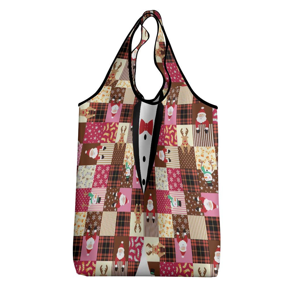 Christmas Patchwork Fake Tuxedo Grocery Bag Santa and Reindeer Pink Plaid Style - Wonder Print Shop