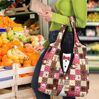Christmas Patchwork Fake Tuxedo Grocery Bag Santa and Reindeer Pink Plaid Style - Wonder Print Shop