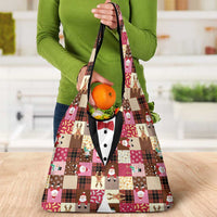 Christmas Patchwork Fake Tuxedo Grocery Bag Santa and Reindeer Pink Plaid Style - Wonder Print Shop