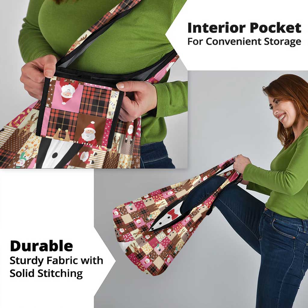 Christmas Patchwork Fake Tuxedo Grocery Bag Santa and Reindeer Pink Plaid Style - Wonder Print Shop