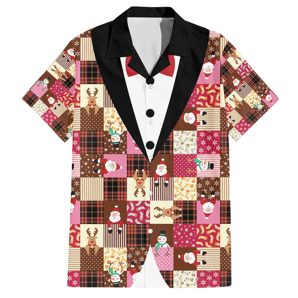 Christmas Patchwork Fake Tuxedo Hawaiian Shirt Santa and Reindeer Pink Plaid Style - Wonder Print Shop