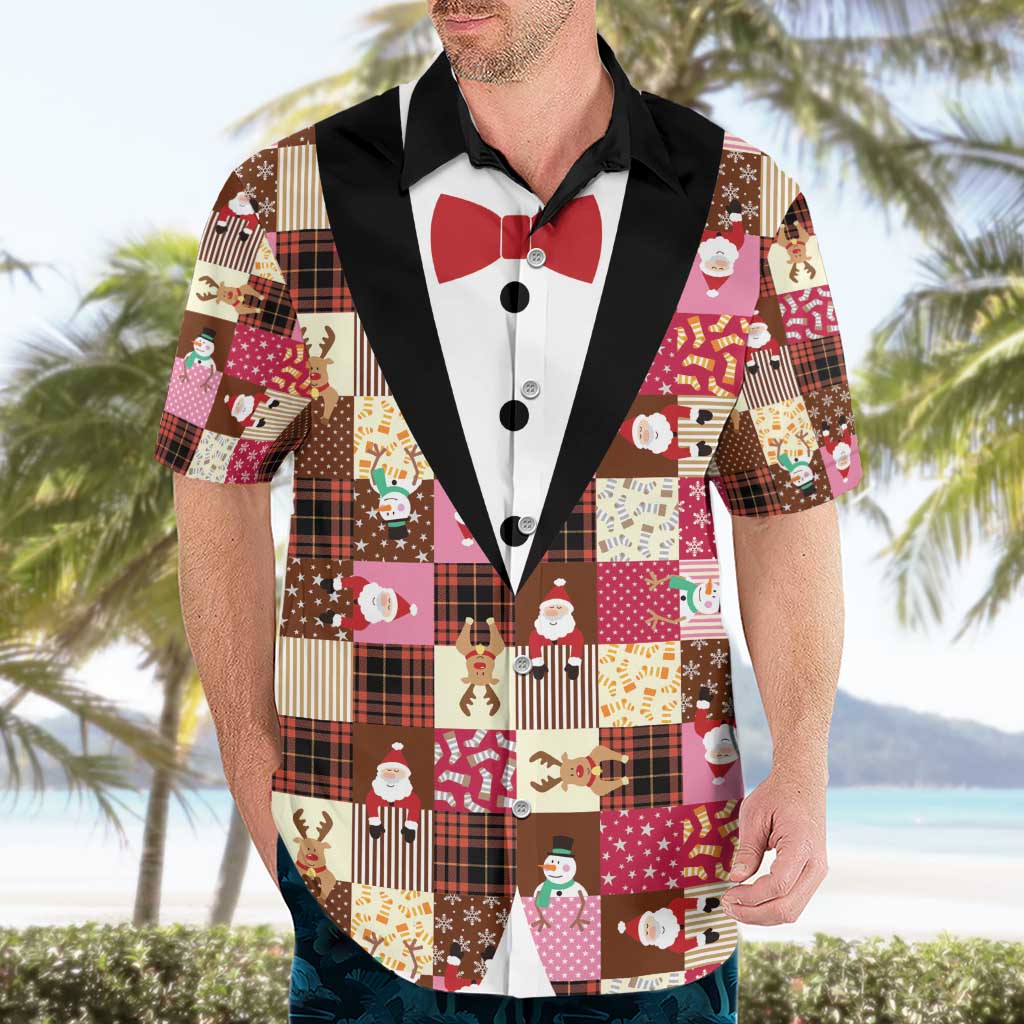 Christmas Patchwork Fake Tuxedo Hawaiian Shirt Santa and Reindeer Pink Plaid Style - Wonder Print Shop