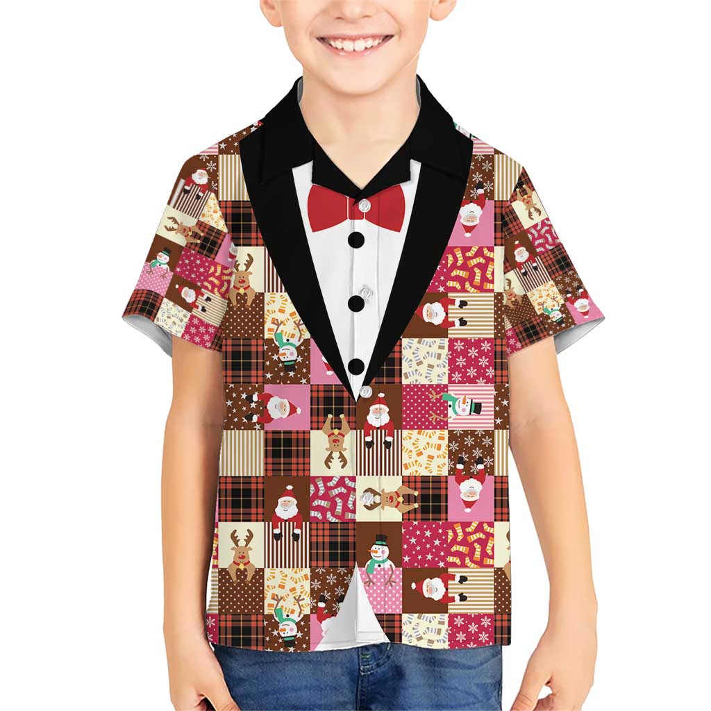 Christmas Patchwork Fake Tuxedo Hawaiian Shirt Santa and Reindeer Pink Plaid Style - Wonder Print Shop