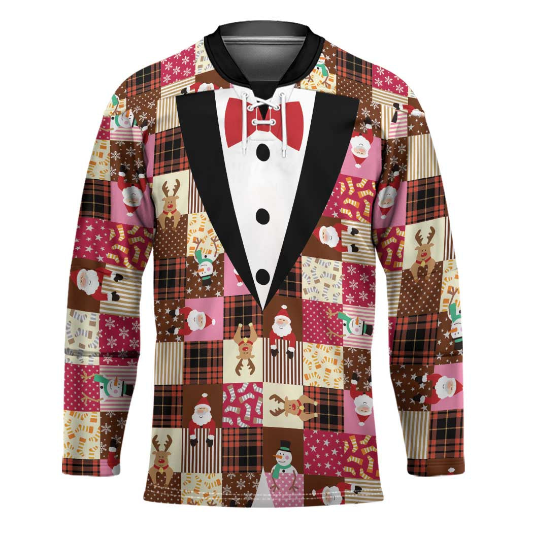 Christmas Patchwork Fake Tuxedo Hockey Jersey Santa and Reindeer Pink Plaid Style - Wonder Print Shop
