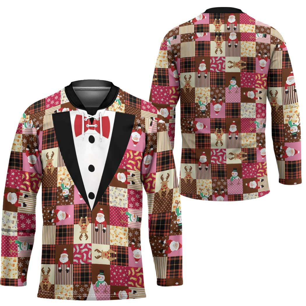 Christmas Patchwork Fake Tuxedo Hockey Jersey Santa and Reindeer Pink Plaid Style - Wonder Print Shop