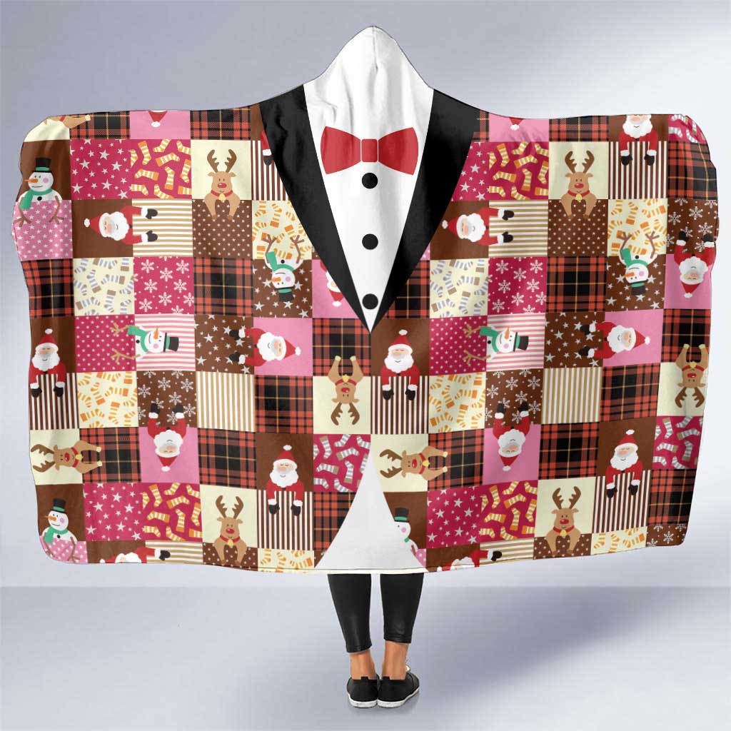 Christmas Patchwork Fake Tuxedo Hooded Blanket Santa and Reindeer Pink Plaid Style - Wonder Print Shop