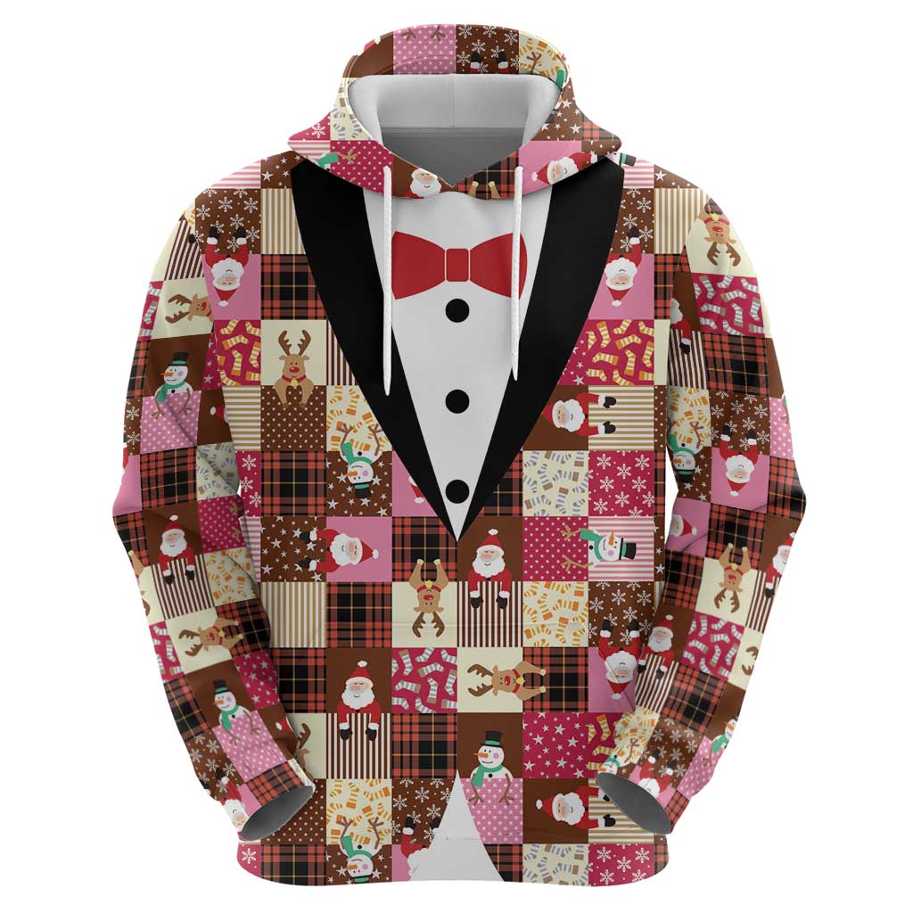 Christmas Patchwork Fake Tuxedo Hoodie Santa and Reindeer Pink Plaid Style - Wonder Print Shop