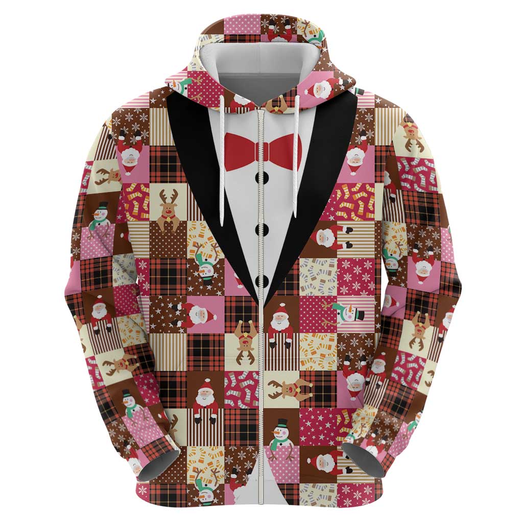 Christmas Patchwork Fake Tuxedo Hoodie Santa and Reindeer Pink Plaid Style - Wonder Print Shop