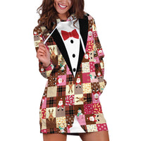 Christmas Patchwork Fake Tuxedo Hoodie Dress Santa and Reindeer Pink Plaid Style - Wonder Print Shop