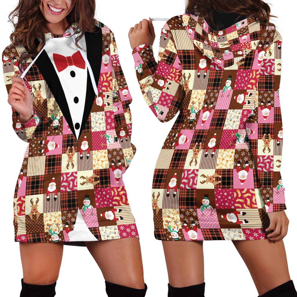 Christmas Patchwork Fake Tuxedo Hoodie Dress Santa and Reindeer Pink Plaid Style - Wonder Print Shop