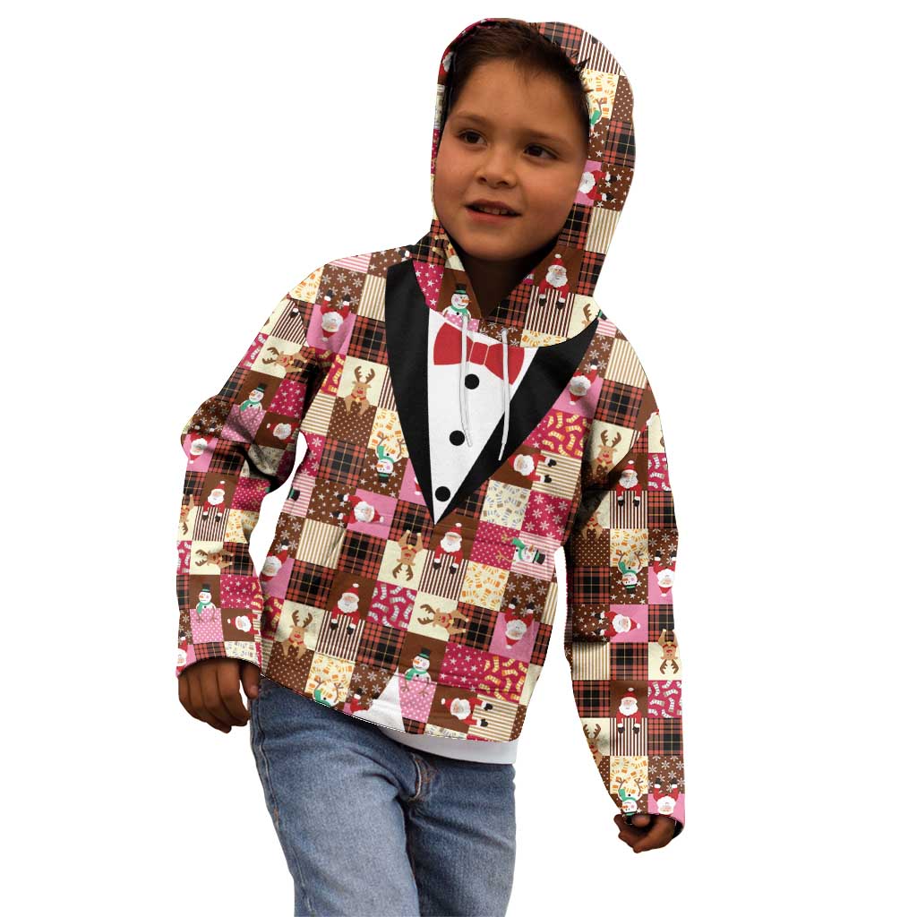 Christmas Patchwork Fake Tuxedo Kid Hoodie Santa and Reindeer Pink Plaid Style - Wonder Print Shop