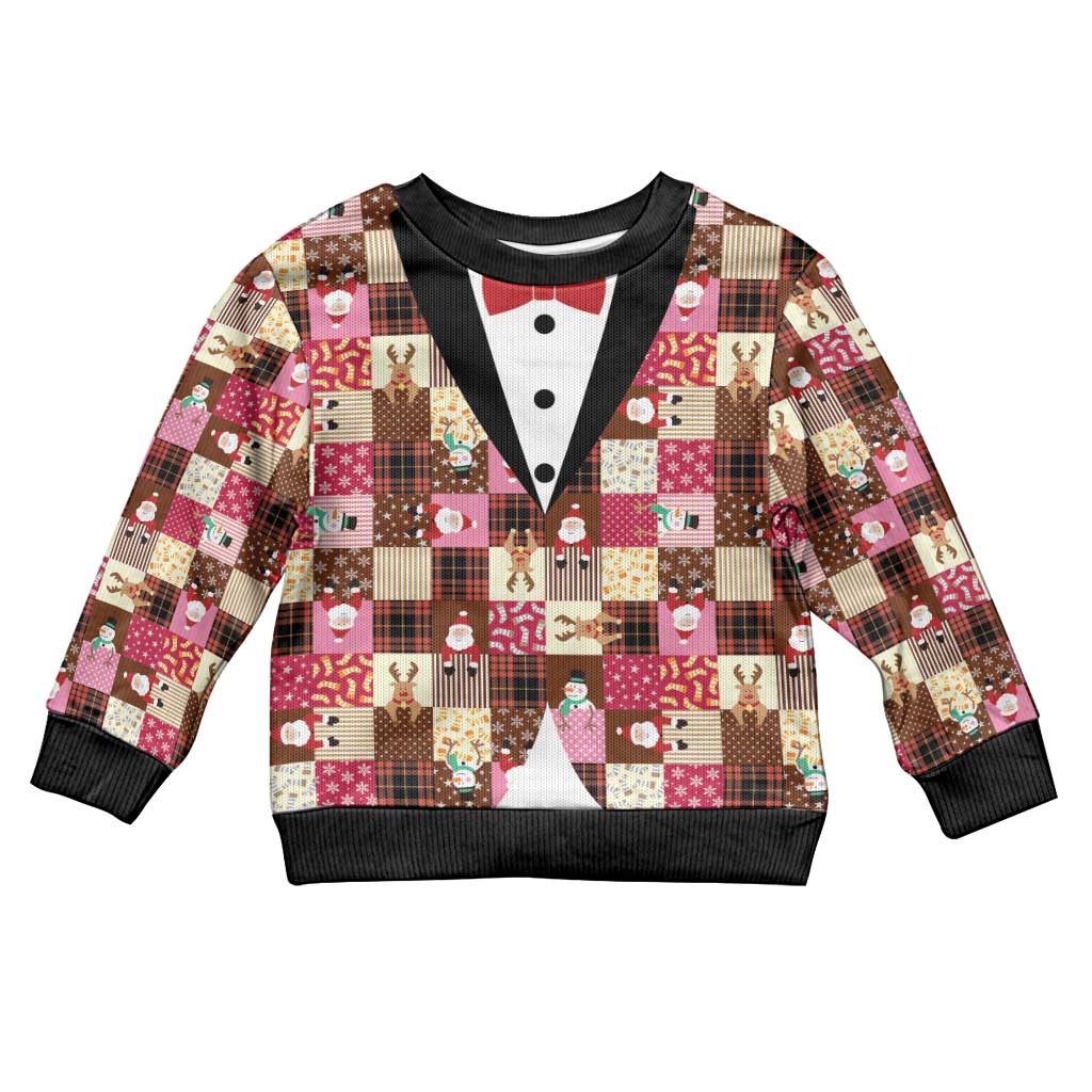 Christmas Patchwork Fake Tuxedo Kid Ugly Christmas Sweater Santa and Reindeer Pink Plaid Style - Wonder Print Shop