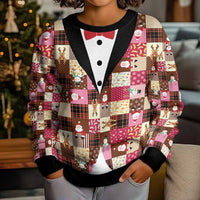 Christmas Patchwork Fake Tuxedo Kid Ugly Christmas Sweater Santa and Reindeer Pink Plaid Style - Wonder Print Shop