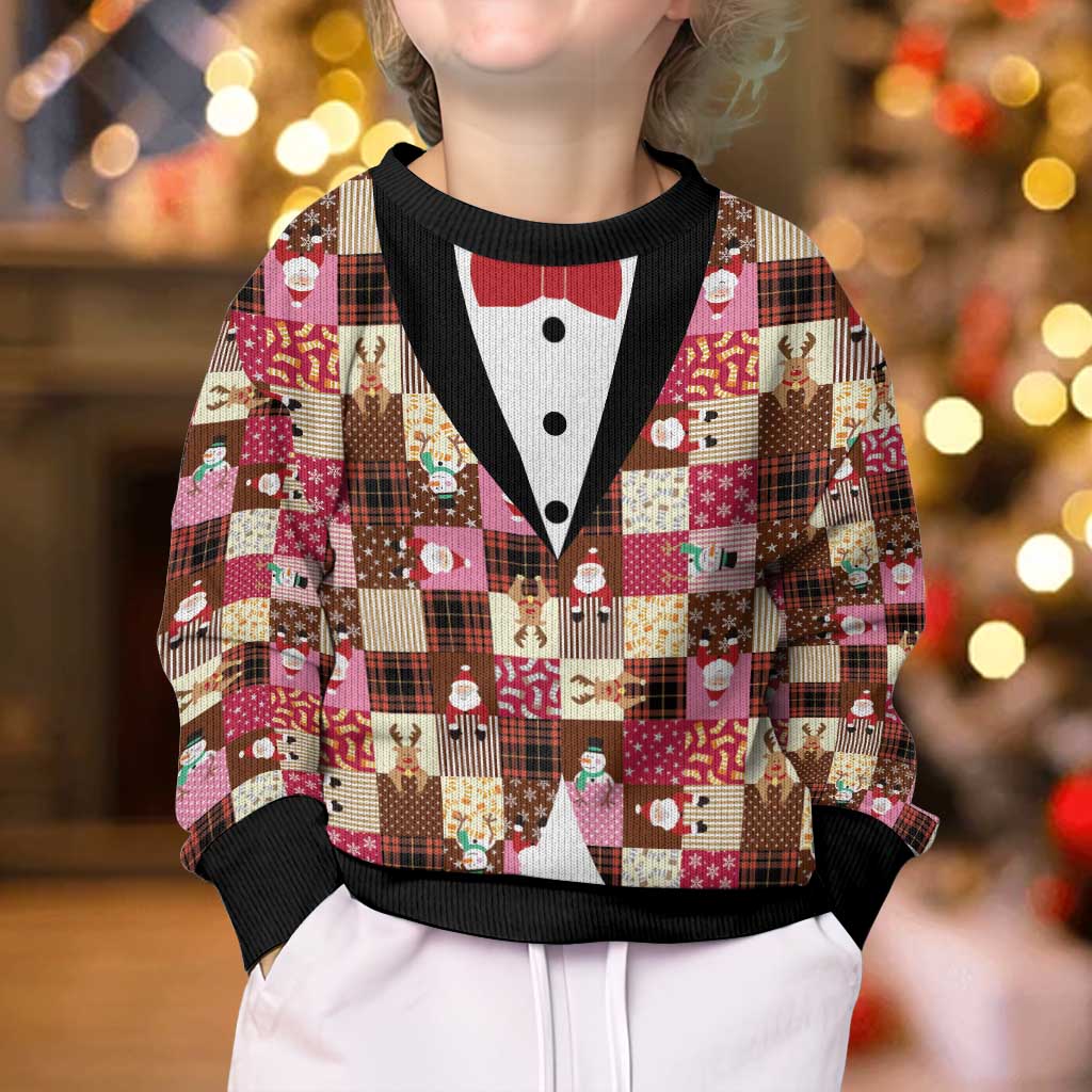 Christmas Patchwork Fake Tuxedo Kid Ugly Christmas Sweater Santa and Reindeer Pink Plaid Style - Wonder Print Shop