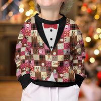 Christmas Patchwork Fake Tuxedo Kid Ugly Christmas Sweater Santa and Reindeer Pink Plaid Style - Wonder Print Shop