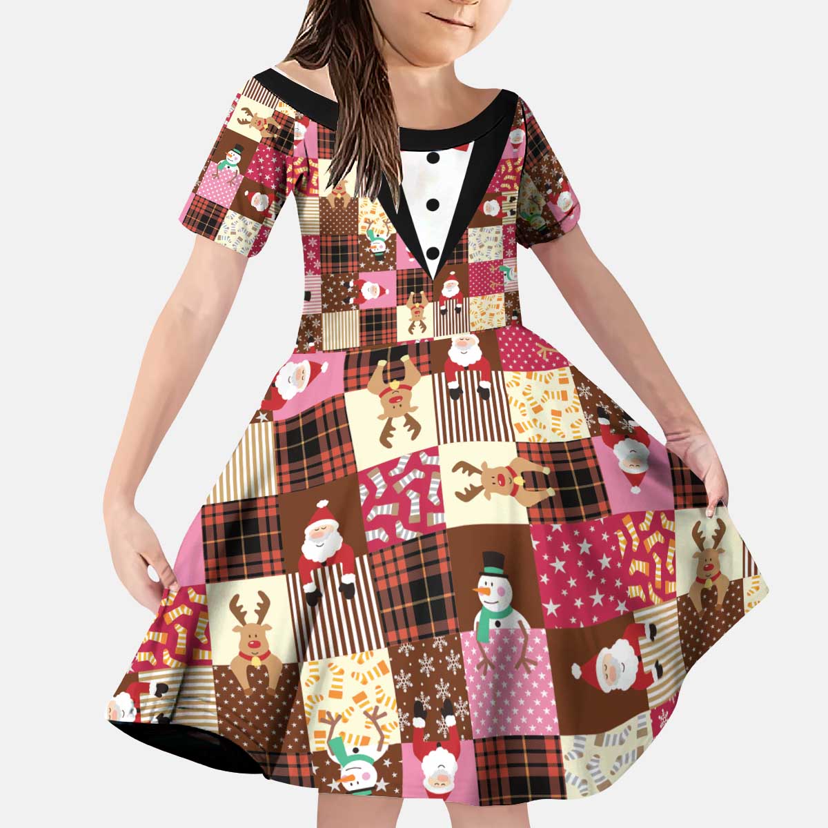 Christmas Patchwork Fake Tuxedo Kid Short Sleeve Dress Santa and Reindeer Pink Plaid Style - Wonder Print Shop