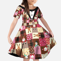 Christmas Patchwork Fake Tuxedo Kid Short Sleeve Dress Santa and Reindeer Pink Plaid Style - Wonder Print Shop