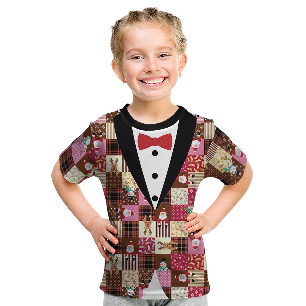 Christmas Patchwork Fake Tuxedo Kid T Shirt Santa and Reindeer Pink Plaid Style - Wonder Print Shop