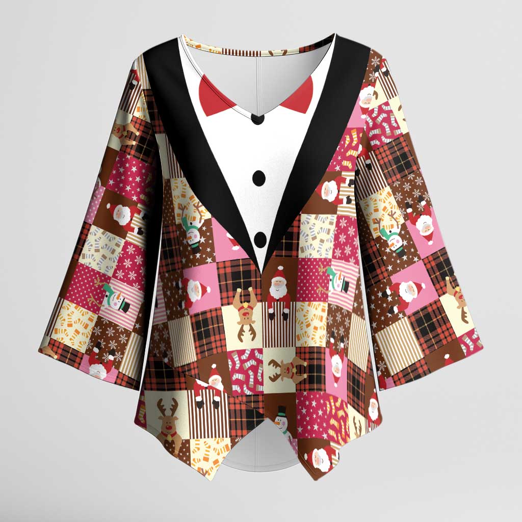 Christmas Patchwork Fake Tuxedo Kimono Sleeve Blouse Santa and Reindeer Pink Plaid Style - Wonder Print Shop