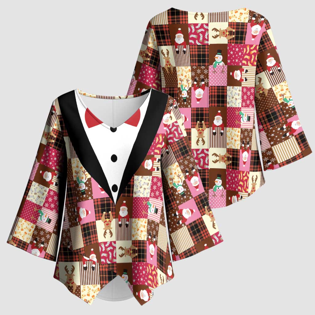 Christmas Patchwork Fake Tuxedo Kimono Sleeve Blouse Santa and Reindeer Pink Plaid Style - Wonder Print Shop