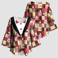 Christmas Patchwork Fake Tuxedo Kimono Sleeve Blouse Santa and Reindeer Pink Plaid Style - Wonder Print Shop