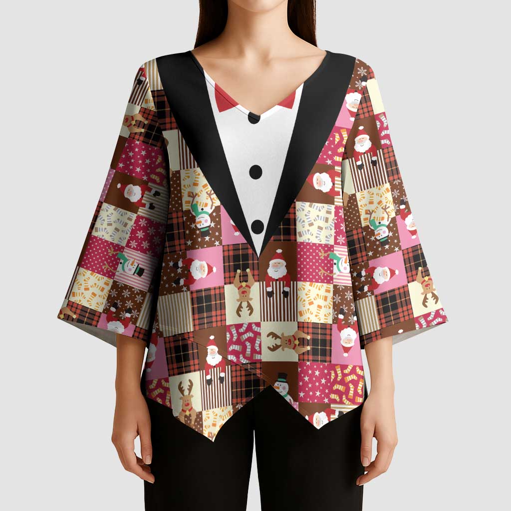 Christmas Patchwork Fake Tuxedo Kimono Sleeve Blouse Santa and Reindeer Pink Plaid Style - Wonder Print Shop