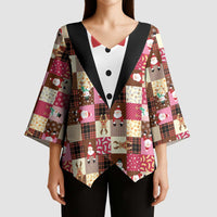 Christmas Patchwork Fake Tuxedo Kimono Sleeve Blouse Santa and Reindeer Pink Plaid Style - Wonder Print Shop