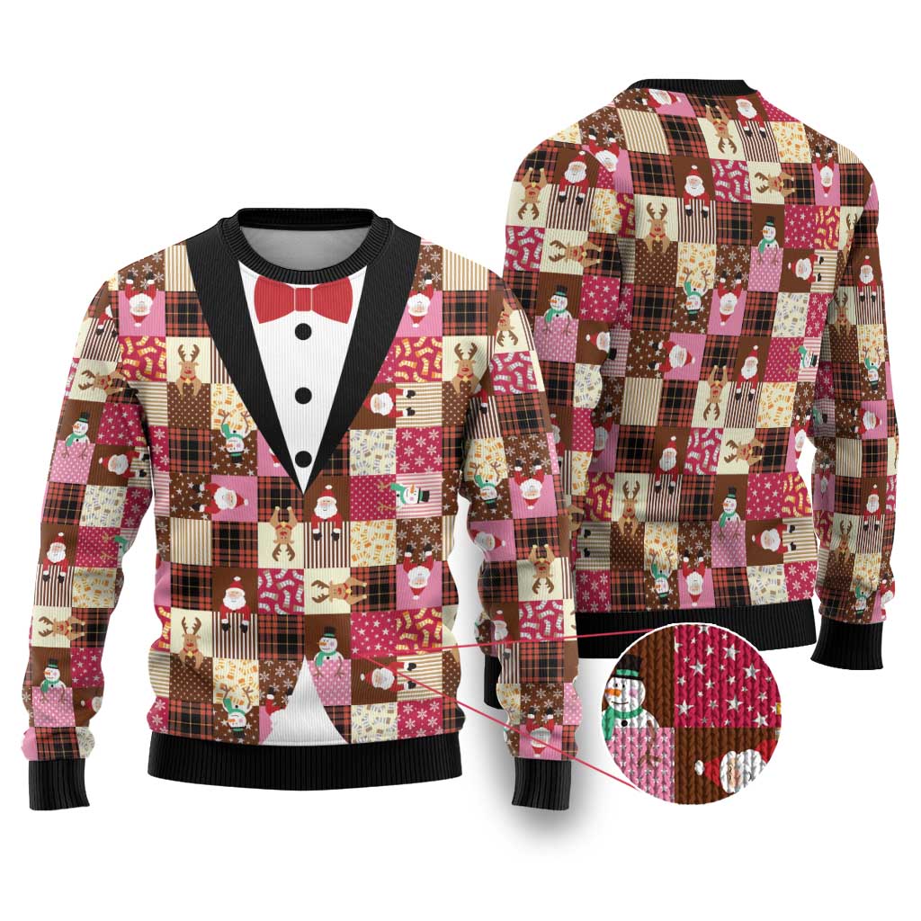 Christmas Patchwork Fake Tuxedo Ugly Christmas Sweater Santa and Reindeer Pink Plaid Style - Wonder Print Shop