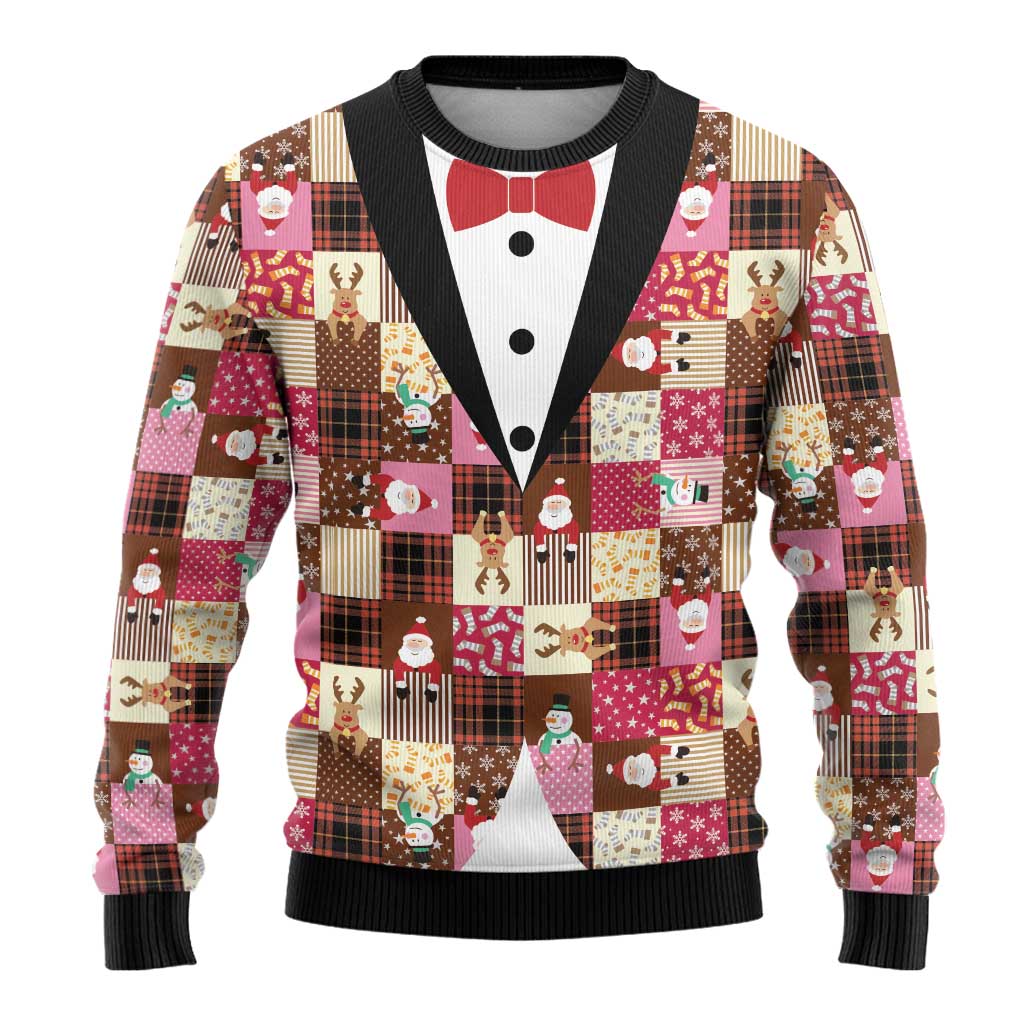 Christmas Patchwork Fake Tuxedo Ugly Christmas Sweater Santa and Reindeer Pink Plaid Style - Wonder Print Shop