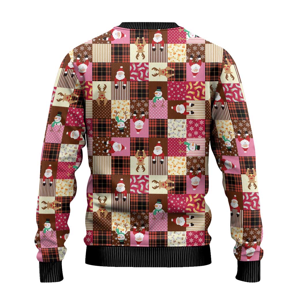 Christmas Patchwork Fake Tuxedo Ugly Christmas Sweater Santa and Reindeer Pink Plaid Style - Wonder Print Shop