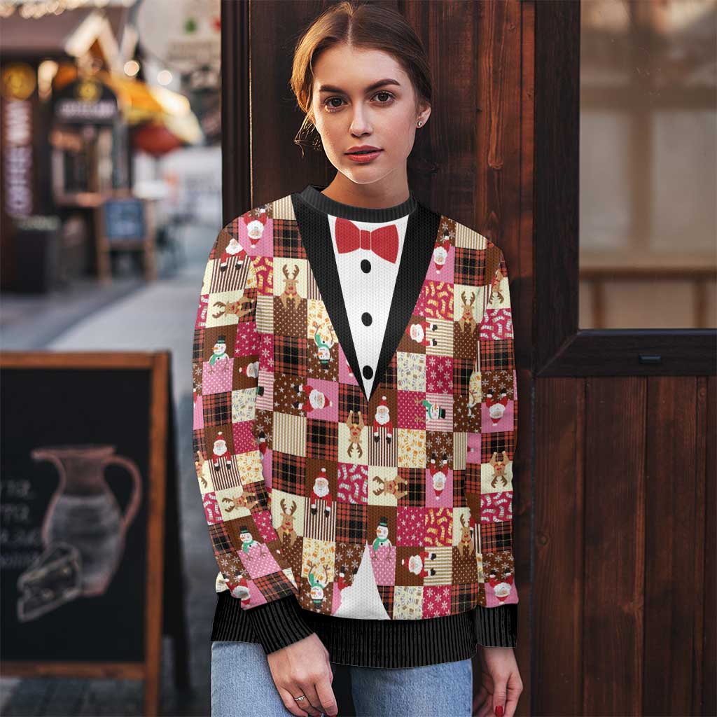 Christmas Patchwork Fake Tuxedo Ugly Christmas Sweater Santa and Reindeer Pink Plaid Style - Wonder Print Shop