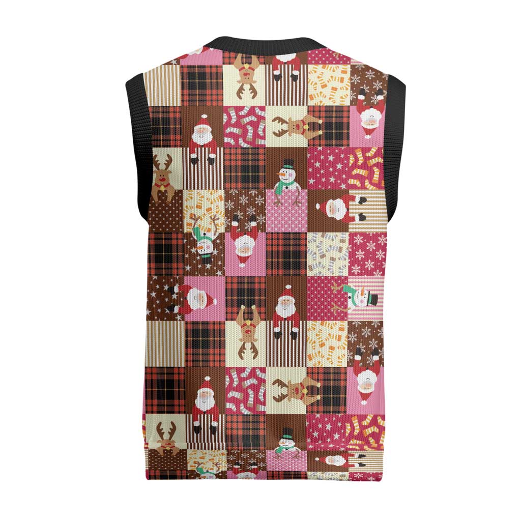 Christmas Patchwork Fake Tuxedo Christmas Knitted V-Neck Vest Santa and Reindeer Pink Plaid Style - Wonder Print Shop