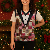 Christmas Patchwork Fake Tuxedo Christmas Knitted V-Neck Vest Santa and Reindeer Pink Plaid Style - Wonder Print Shop