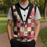 Christmas Patchwork Fake Tuxedo Christmas Knitted V-Neck Vest Santa and Reindeer Pink Plaid Style - Wonder Print Shop