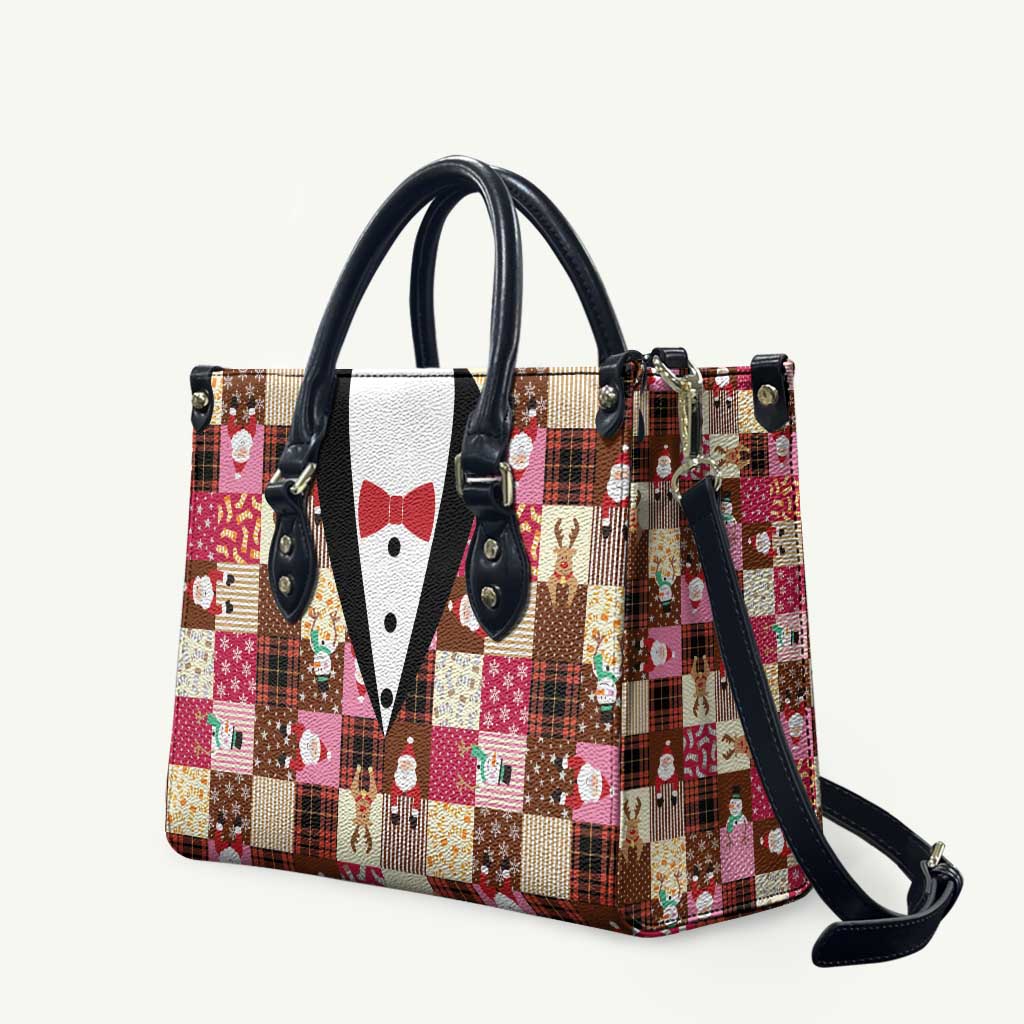 Christmas Patchwork Fake Tuxedo Leather Bag Santa and Reindeer Pink Plaid Style - Wonder Print Shop