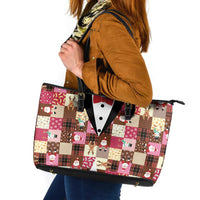 Christmas Patchwork Fake Tuxedo Leather Tote Bag Santa and Reindeer Pink Plaid Style - Wonder Print Shop