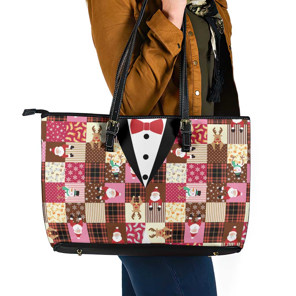 Christmas Patchwork Fake Tuxedo Leather Tote Bag Santa and Reindeer Pink Plaid Style - Wonder Print Shop