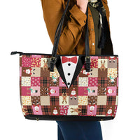 Christmas Patchwork Fake Tuxedo Leather Tote Bag Santa and Reindeer Pink Plaid Style - Wonder Print Shop