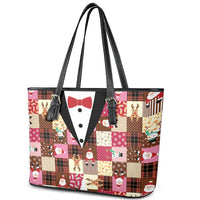 Christmas Patchwork Fake Tuxedo Leather Tote Bag Santa and Reindeer Pink Plaid Style - Wonder Print Shop